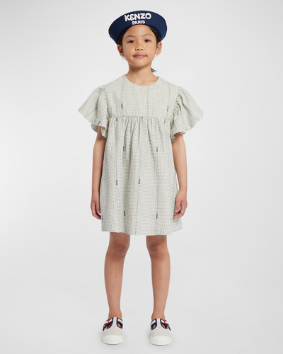 Shop Kenzo Girl's Ruffled Short-sleeve Dress In Ivory