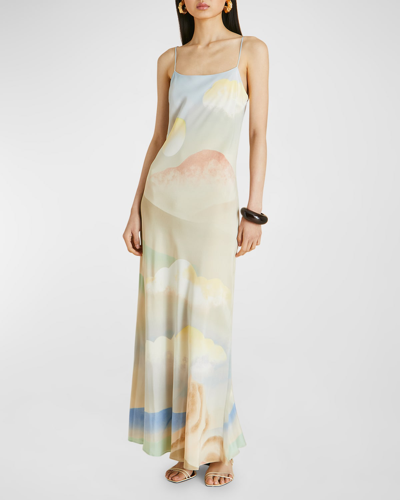 Shop Olivia Von Halle Olympia Landscape-print Silk Slip Dress In Ecliptic