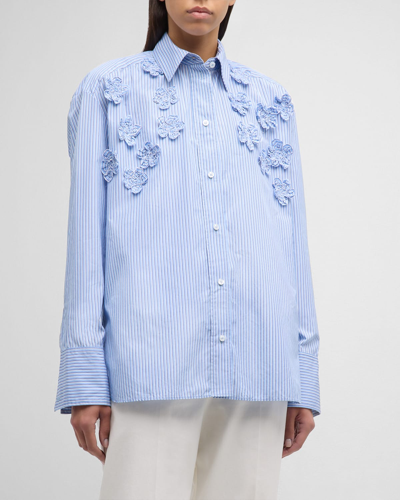 Shop Callas Milano Lyn Striped Button-front Shirt With Floral Details In Pale Blueblue