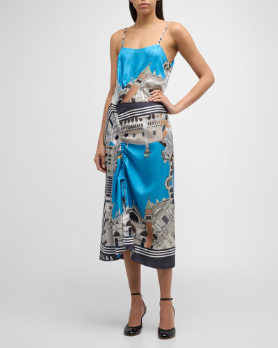 Shop Callas Milano Angie City Printed Silk Midi Dress With Ruched Front In Blue Multi Black