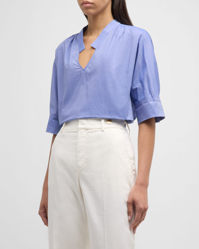 Shop Callas Milano Andie Cotton Blouse With Pleated Detail In Chambray