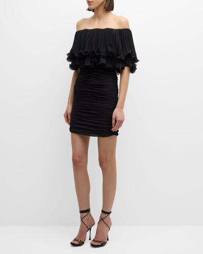 Shop Ungaro Milan Ruched Off-shoulder Ruffle Mini Dress In Black