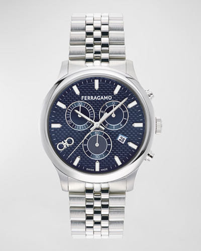 Shop Ferragamo Men's Duo Chrono Bracelet Watch, 42mm In Blue Silver