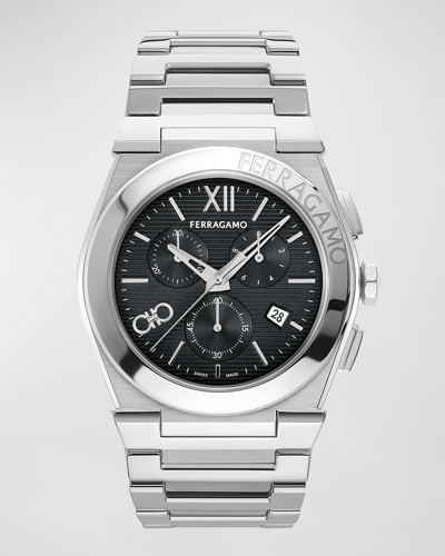 Shop Ferragamo Men's Vega Chrono Bracelet Watch, 42mm In Black Silver