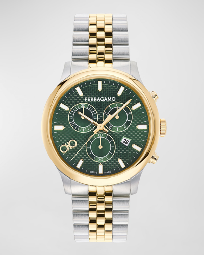 Shop Ferragamo Men's Duo Chrono Two-tone Bracelet Watch, 42mm In Green Gold Silver