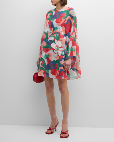 Shop Frances Valentine Bree Floral-print Cape-sleeve Mini Dress In Multi