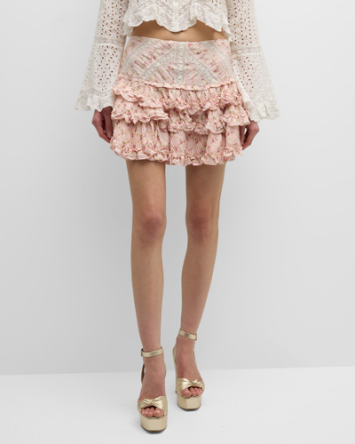 Shop Loveshackfancy Robeina Floral Tiered Ruffle Mini Skirt In Cherry Kisses