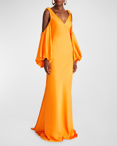 Shop Halston Binnie Cold-shoulder Balloon-sleeve Satin Gown In Tangerine