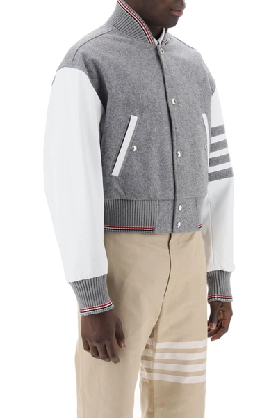 Shop Thom Browne Wool Bomber Jacket With Leather Sleeves And