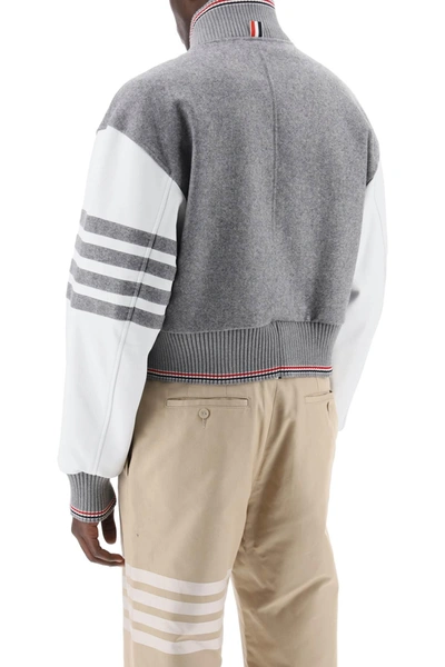 Shop Thom Browne Wool Bomber Jacket With Leather Sleeves And