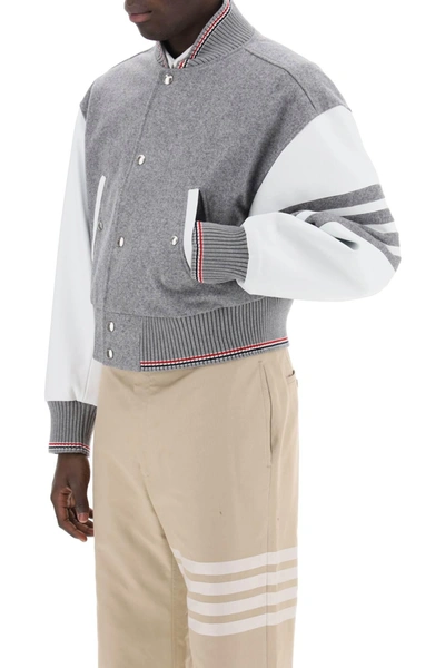 Shop Thom Browne Wool Bomber Jacket With Leather Sleeves And