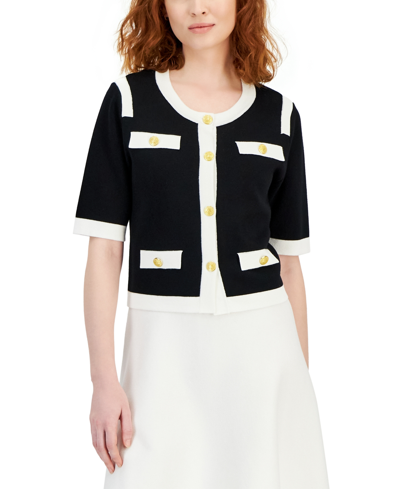 Shop Tahari Asl Women's Contrast-trim Short-sleeve Cardigan In Black,ivory