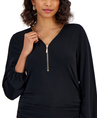 Shop Jm Collection Women's Zip V-neck Ruched Front Top, Created For Macy's In Neo Natural