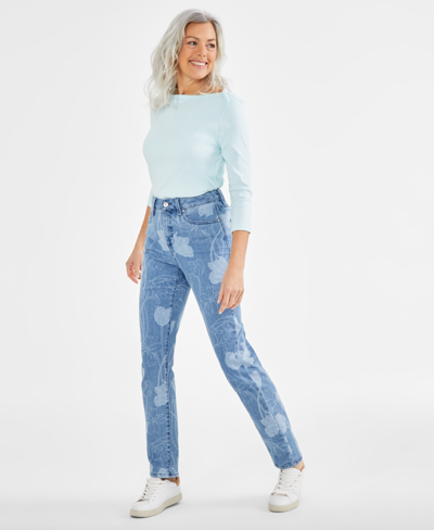 Shop Style & Co Petite Tulip Printed High Rise Natural Straight Jeans, Created For Macy's In Tulip Menagerie Print