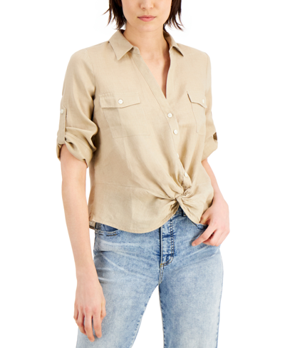 Inc International Concepts Petite Linen-blend Twist-hem Shirt, Created For Macy's In Toasted Twine