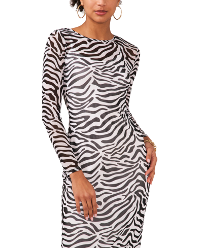 Shop Msk Women's Printed Round-neck Long-sleeve Mesh Dress In Lucent White