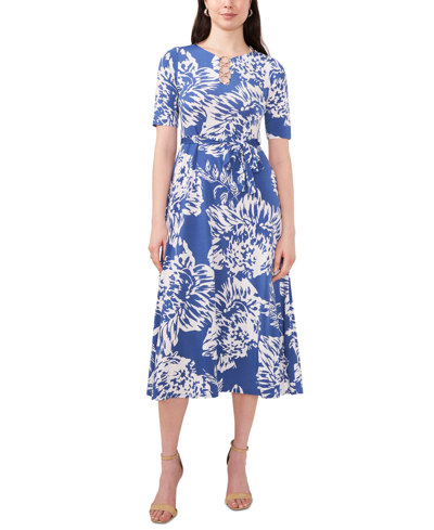Shop Msk Women's Printed Three-ring-neck Short-sleeve Midi Dress In Denim