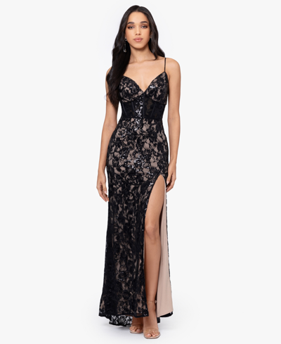 Shop Blondie Nites Juniors' Sequined Lace Corset Gown In Black,nude