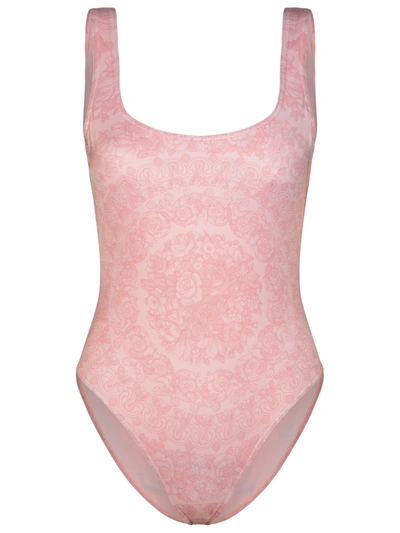 Shop Versace Woman  'barocco' One-piece Swimsuit In Pink Polyester Blend