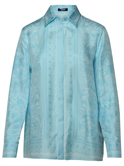 Shop Versace Woman  'barocco' Light Blue Silk Shirt