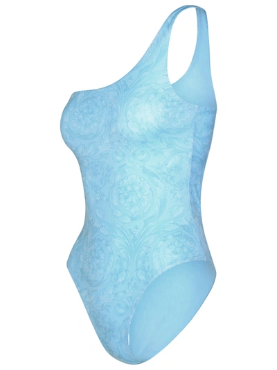 Shop Versace Woman  Asymmetric 'barocco' One-piece Swimsuit In Light Blue Polyester Blend