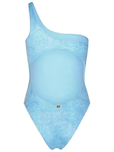 Shop Versace Asymmetric 'barocco' One-piece Swimsuit In Light Blue Polyester Blend Woman