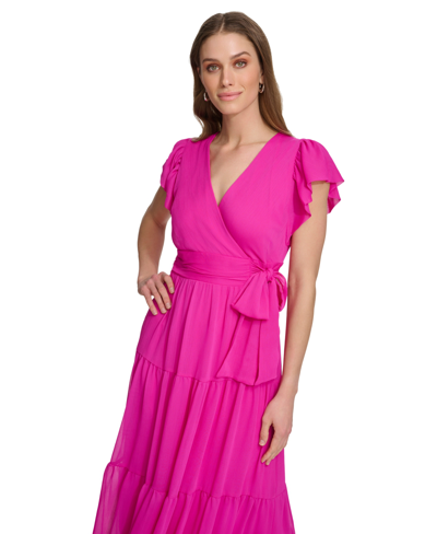 Shop Dkny Women's Faux-wrap Cap-sleeve Tiered Midi Dress In Power Pink