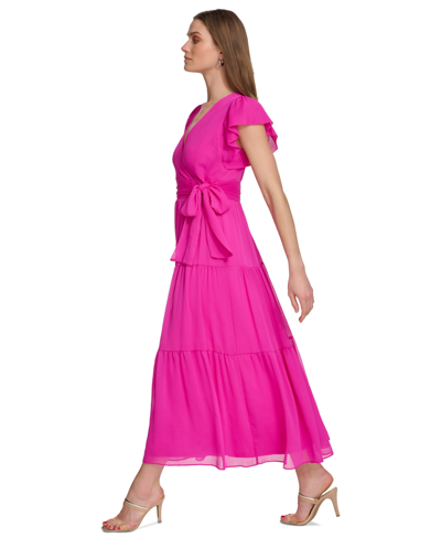 Shop Dkny Women's Faux-wrap Cap-sleeve Tiered Midi Dress In Power Pink