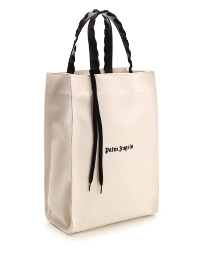 Palm Angels Canvas Logo Tote Bag In Natural Black