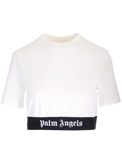 Shop Palm Angels Logo Cropped T-shirt In Off White