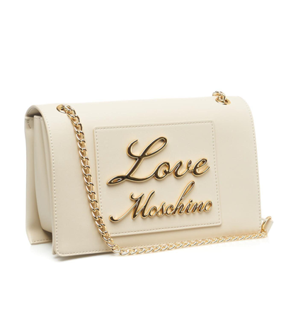 Shop Love Moschino Logo Lettering Chain Linked Shoulder Bag In Ivory