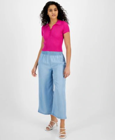 Shop Calvin Klein Jeans Est.1978 Petite Ribbed Polo Shirt Wide Leg Pants In Khaki Green