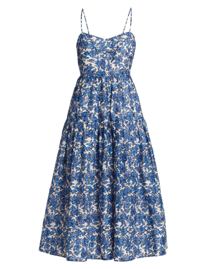 Shop Tanya Taylor Women's Verona Floral Cotton Midi-dress In Maritime Blue Off White Multi
