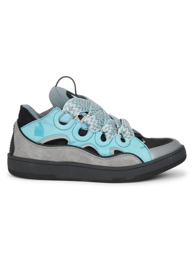 Shop Lanvin Men's Suede Curb Sneakers In Light Blue Anthracite