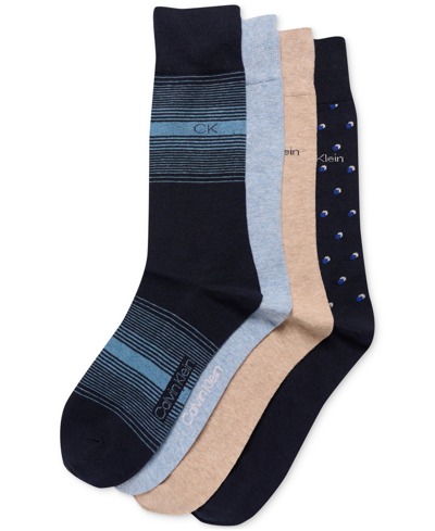 Shop Calvin Klein Men's Crew Length Dress Socks, Assorted Patterns, Pack Of 4 In Dark Blue Assorted