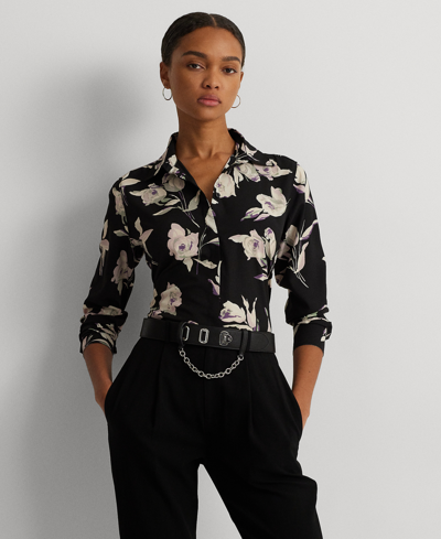 Shop Lauren Ralph Lauren Petite Long-sleeve Floral Shirt In Black Multi