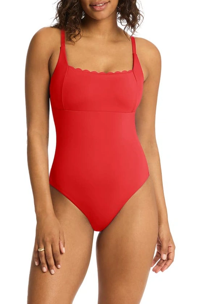 Shop Sea Level Scalloped Square Neck One-piece Swimsuit In Red