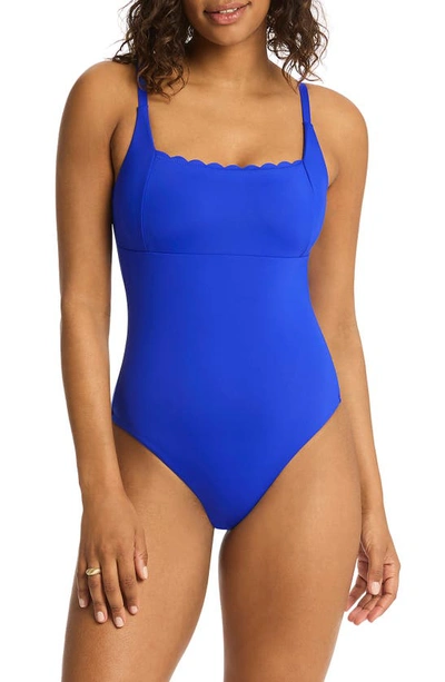 Shop Sea Level Scalloped Square Neck One-piece Swimsuit In Cobalt