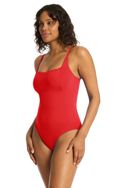 Shop Sea Level Scalloped Square Neck One-piece Swimsuit In Red