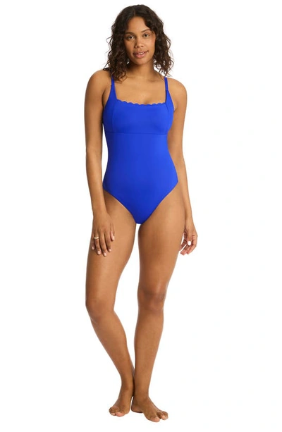 Shop Sea Level Scalloped Square Neck One-piece Swimsuit In Cobalt