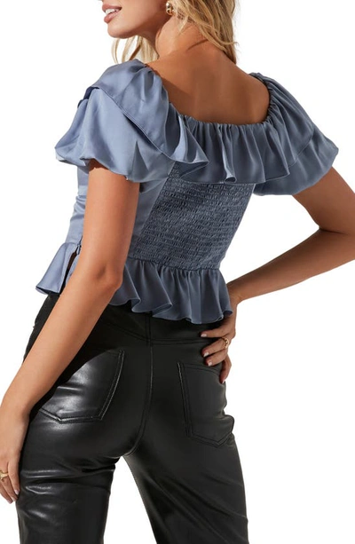 Shop Astr The Label Ruffle Puff Sleeve Satin Peplum Blouse In Slate Blue