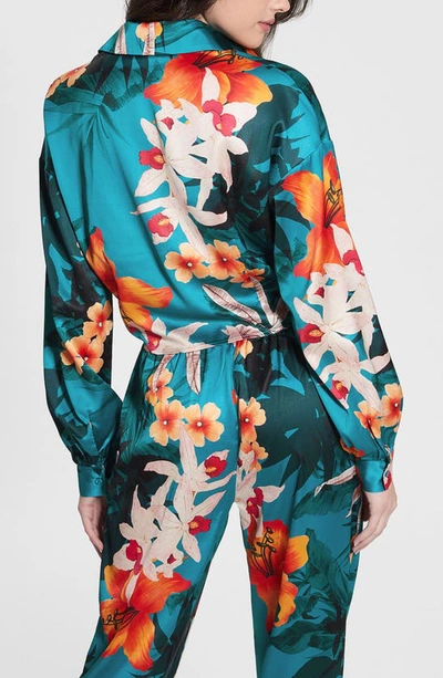 Guess Jun Satin Tie Hem Button-up Shirt In Hawaian Sunset Print