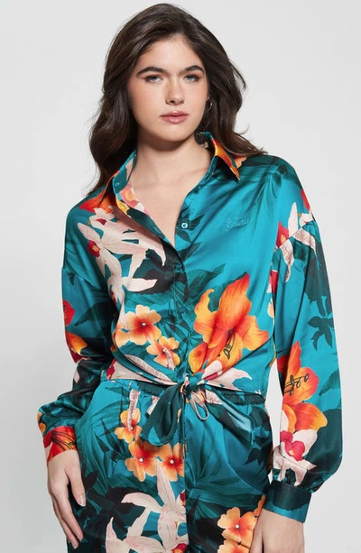 Shop Guess Jun Satin Tie Hem Button-up Shirt In Hawaian Sunset Print