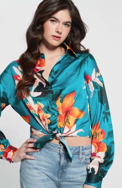 Shop Guess Jun Satin Tie Hem Button-up Shirt In Hawaian Sunset Print