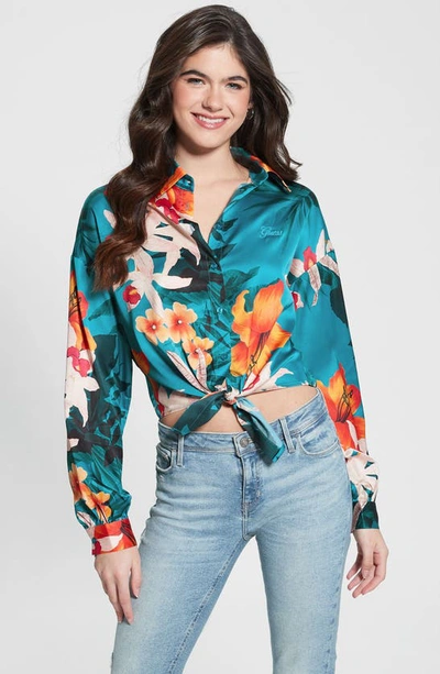 Shop Guess Jun Satin Tie Hem Button-up Shirt In Hawaian Sunset Print