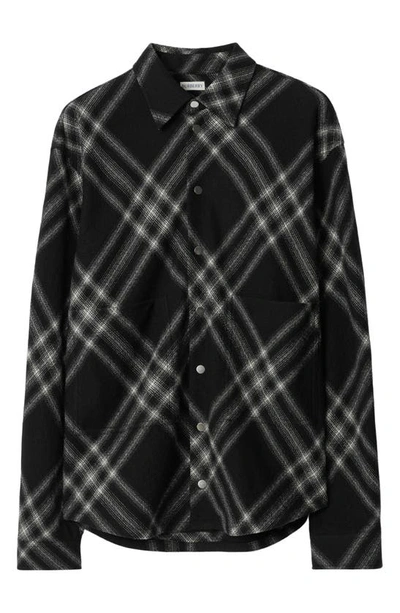 Shop Burberry Oversize Check Wool Overshirt In Monochrome Ip Check