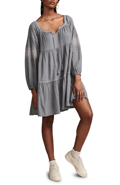 Shop Lucky Brand Embroidered Long Sleeve Tiered Cotton Dress In Blue