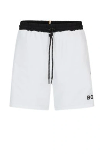 Shop Hugo Boss Contrast-logo Swim Shorts In White