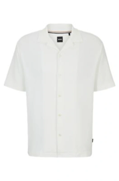 Hugo Boss Regular-fit Shirt In Cotton Boucl With Ribbed Collar In White