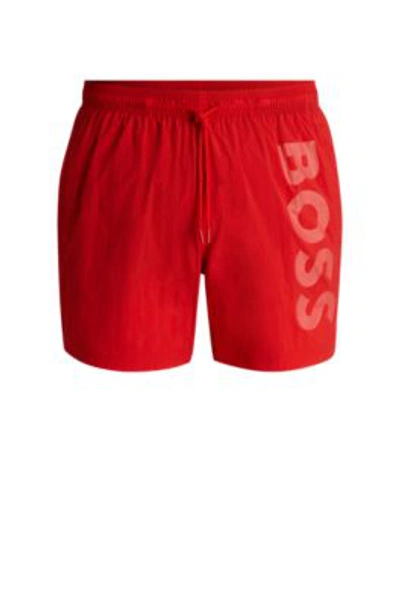 Shop Hugo Boss Vertical-logo-print Swim Shorts In Quick-dry Poplin In Red